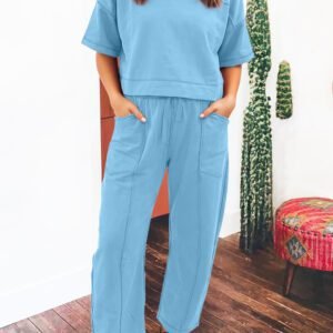 Sky Blue Drop Shoulder Boxy Tee and Barrel Pants Set