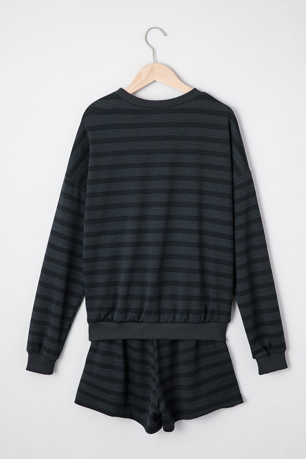 Gray Printed Stripe Long Sleeve Satin Tie Shorts Two Piece Set