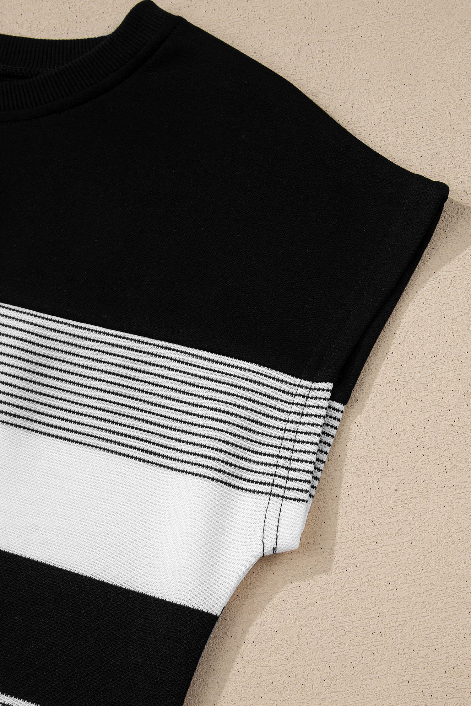 Black Stripe Mixed Print Crew Neck Cap Sleeve T Shirt