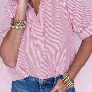 Pink Striped Print Collared Split Neck Half Sleeve Blouse