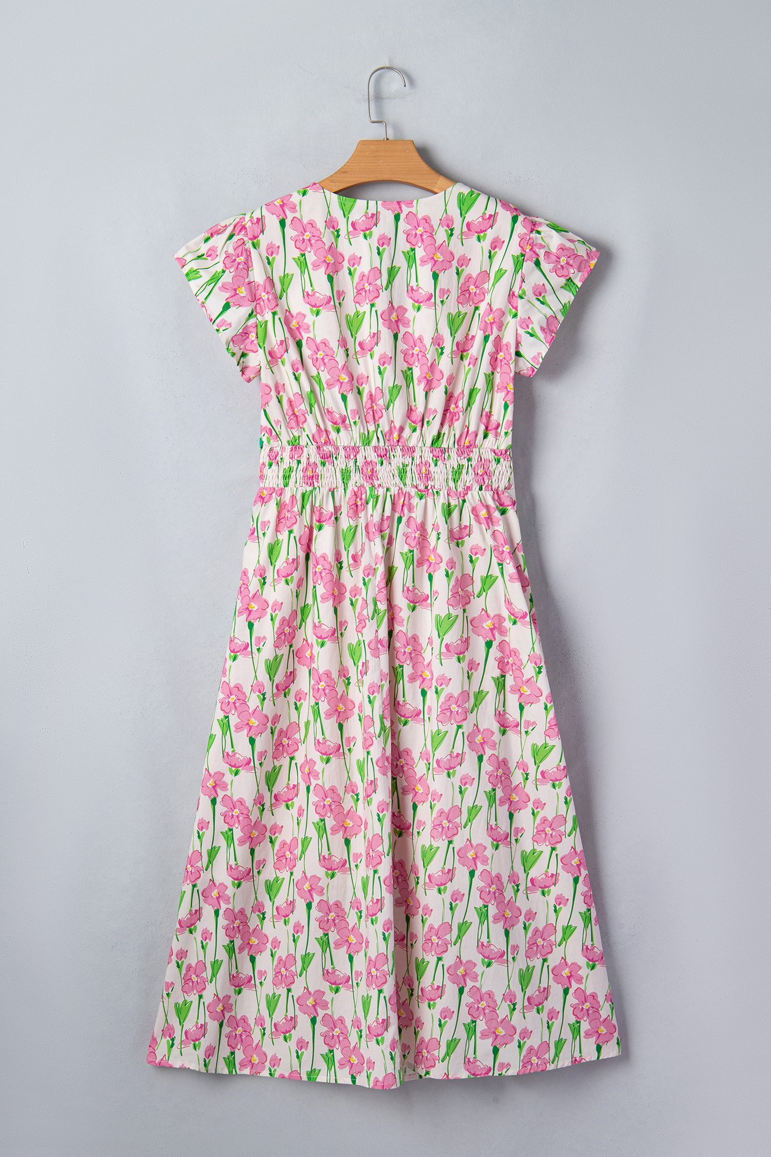Pink Floral Print Contrast Trim V Neck Short Sleeve Elegant Midi Dress