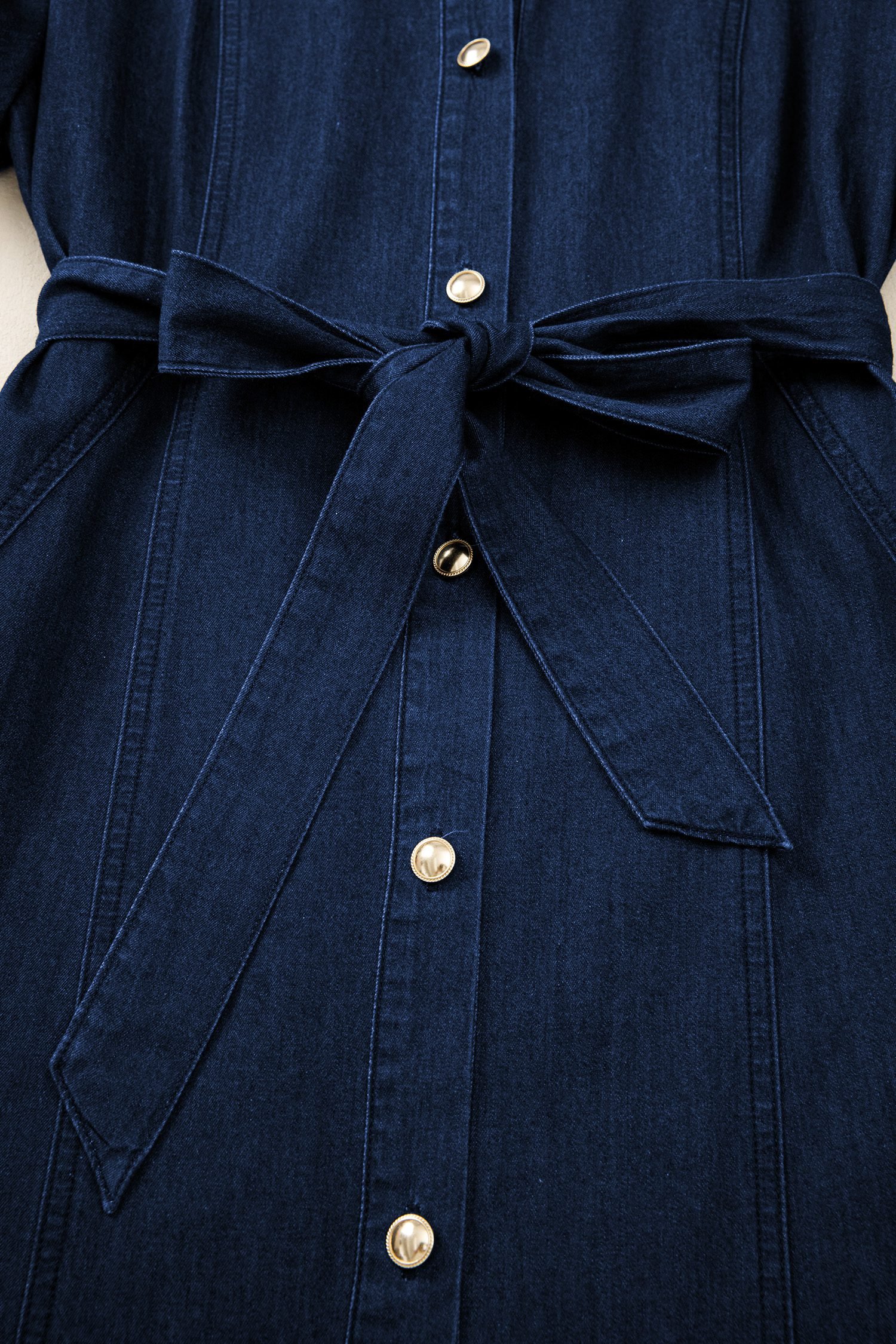 Sail Blue Full Buttons Collared Short Bubble Sleeve Long Denim Dress