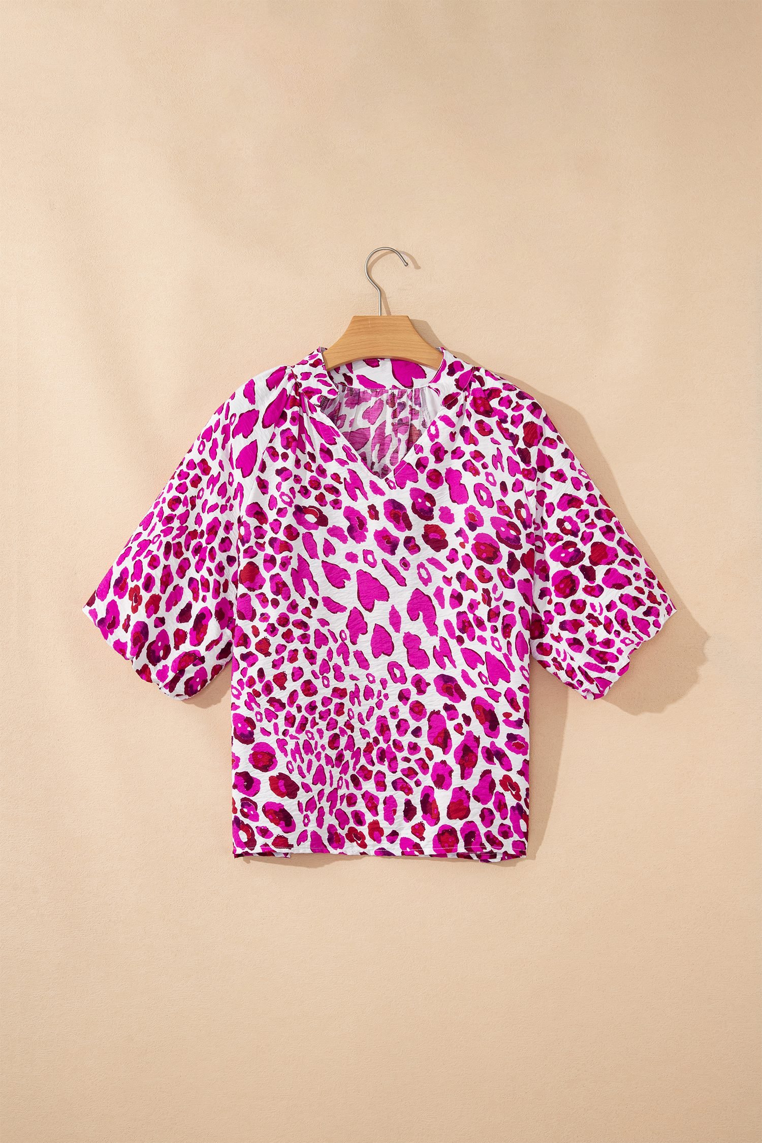 Rose Leopard Print V Neck Puffy Half Sleeve Blouse
