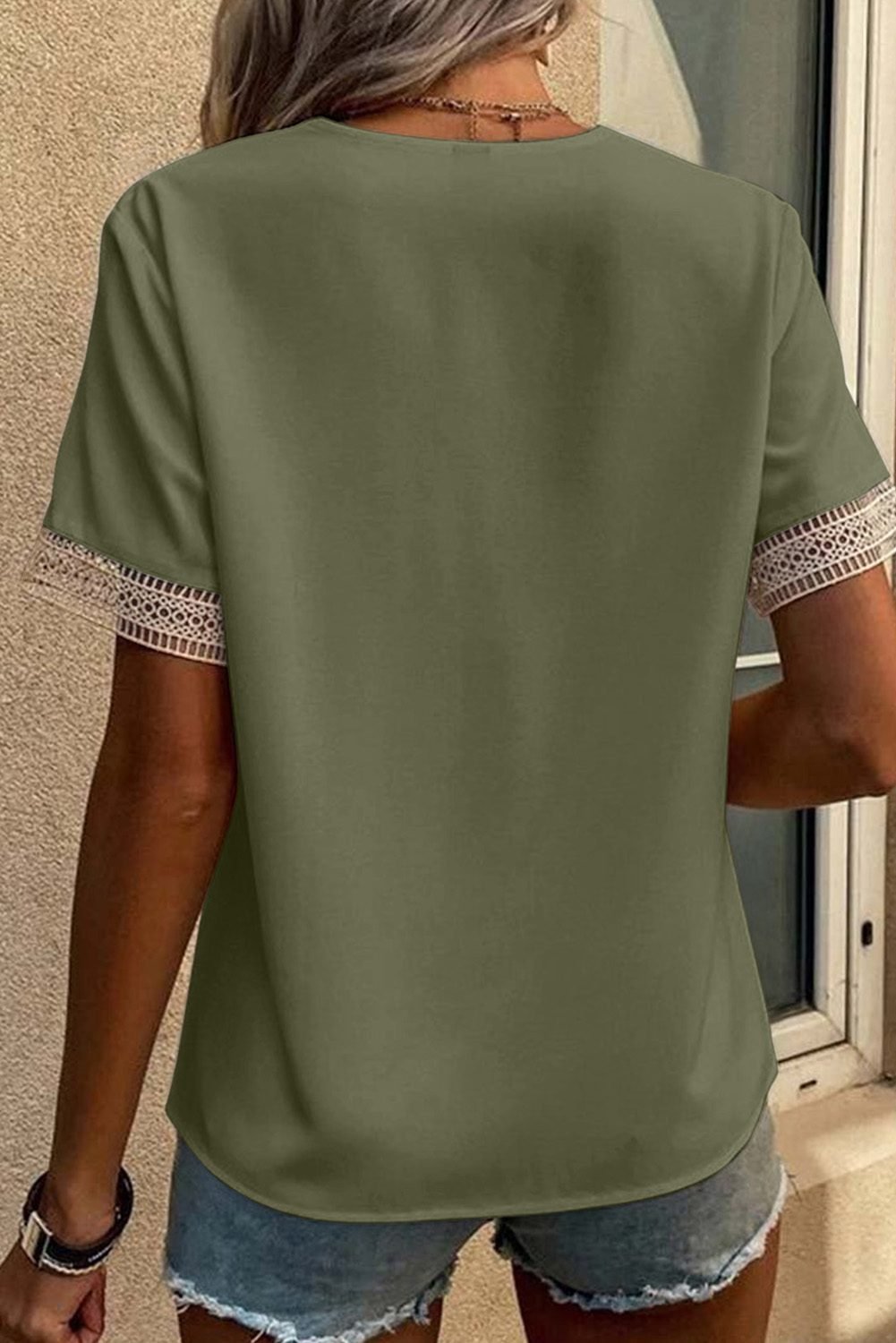 Green Lace Trim V Neck Short Sleeve Blouse