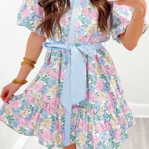 White Floral Print Striped Contrast Trim Belted Short Dress