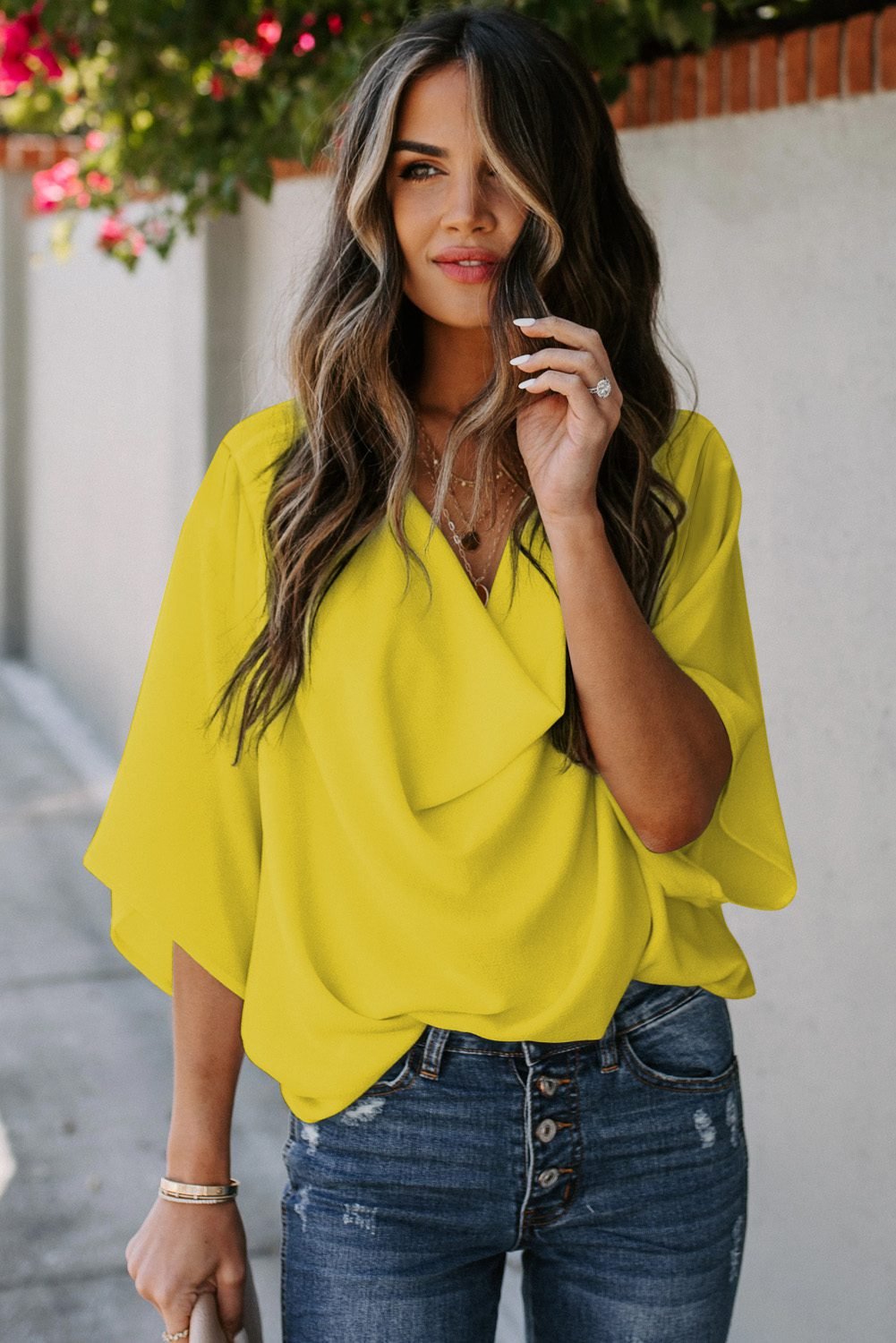 Golden Glow Women's Casual Summer Sleeve Wrap V Neck Draped Blouses