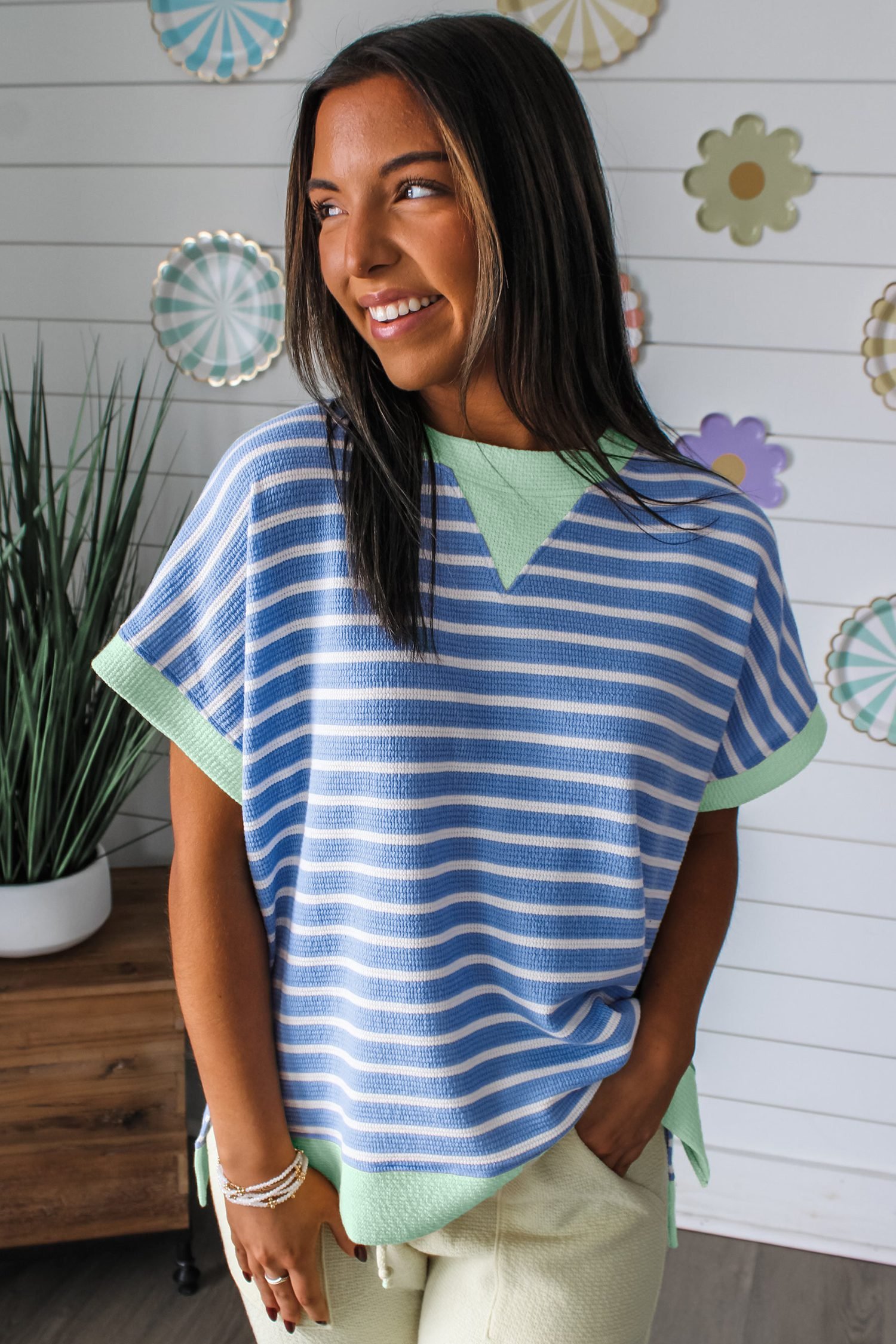 Sky Blue Stripe Contrast Trim Loose Short Sleeve Top