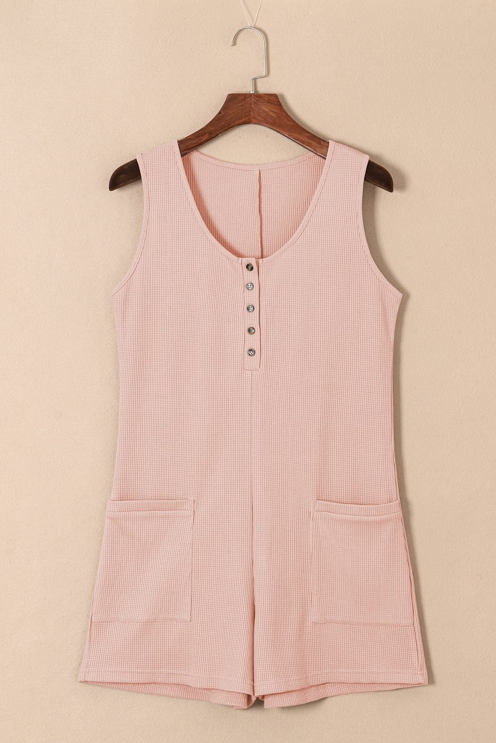 Light Pink Waffle Sleeveless U Neck Buttons Romper With Pockets