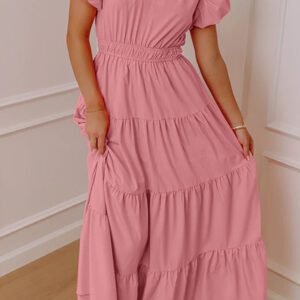 Gossamer Pink Solid Color V Neck Short Puff Sleeve High Waist Tiered Maxi Dress