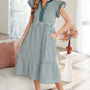 Green Stripe Double Ruffled Short Sleeve Contrast Trim V Neck Midi Dress