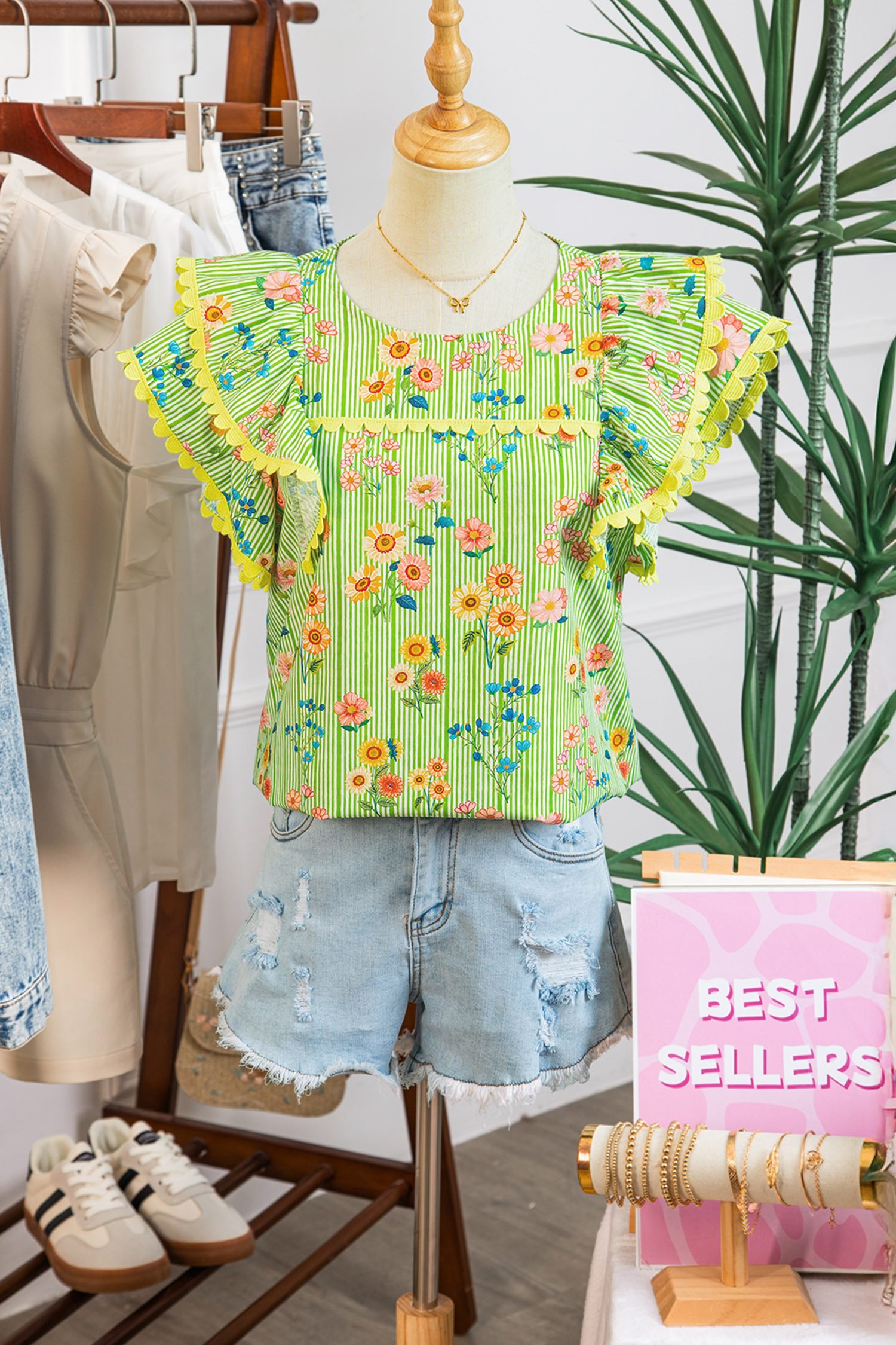 Green Stripe Floral Printed Scalloped Detail Ruffle Short Sleeve Blouse