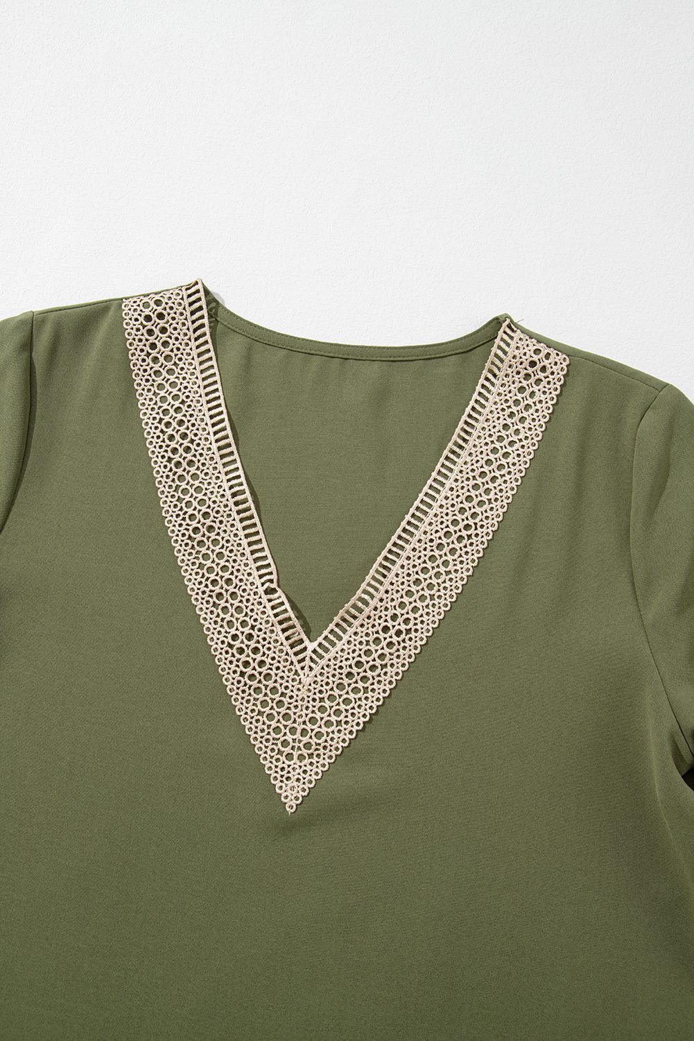 Green Lace Trim V Neck Short Sleeve Blouse
