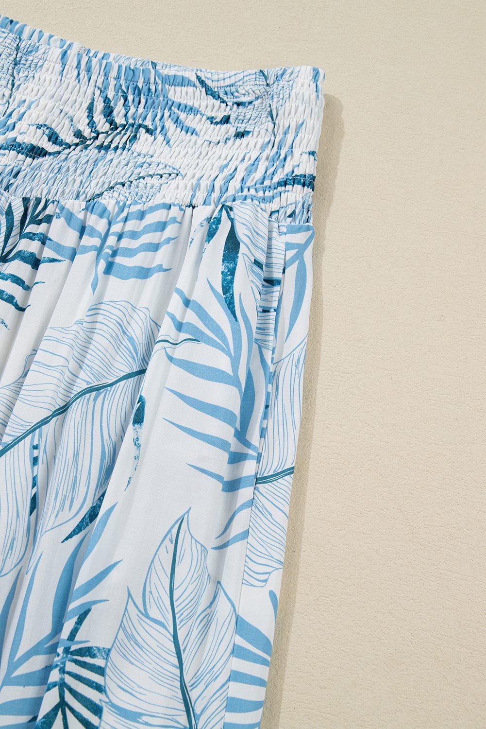 Sky Blue Geometric/ Floral/ Botanic Print Shirred Waistband Wide Leg Pants