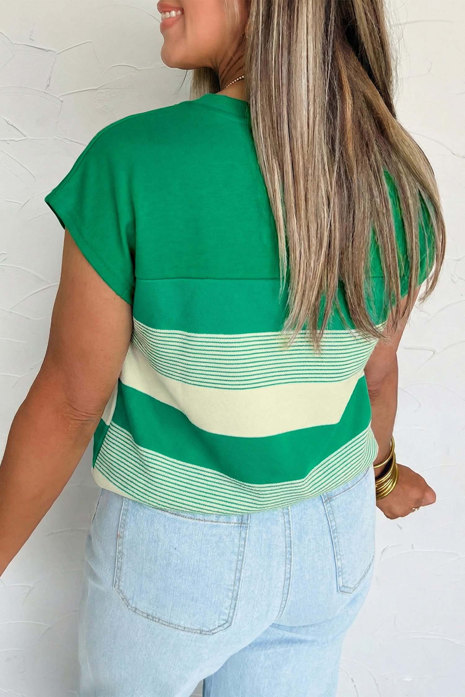 Green Stripe Mixed Print Crew Neck Cap Sleeve T Shirt