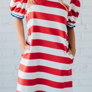 Red Stripe Contrast Trim Round Neck Short Puff Sleeve Shift Dress