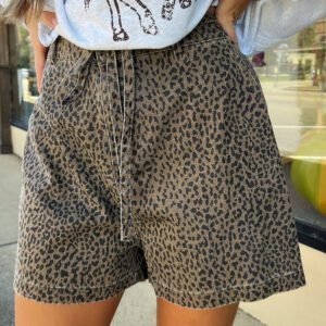 Black Leopard Print Loose Denim Shorts