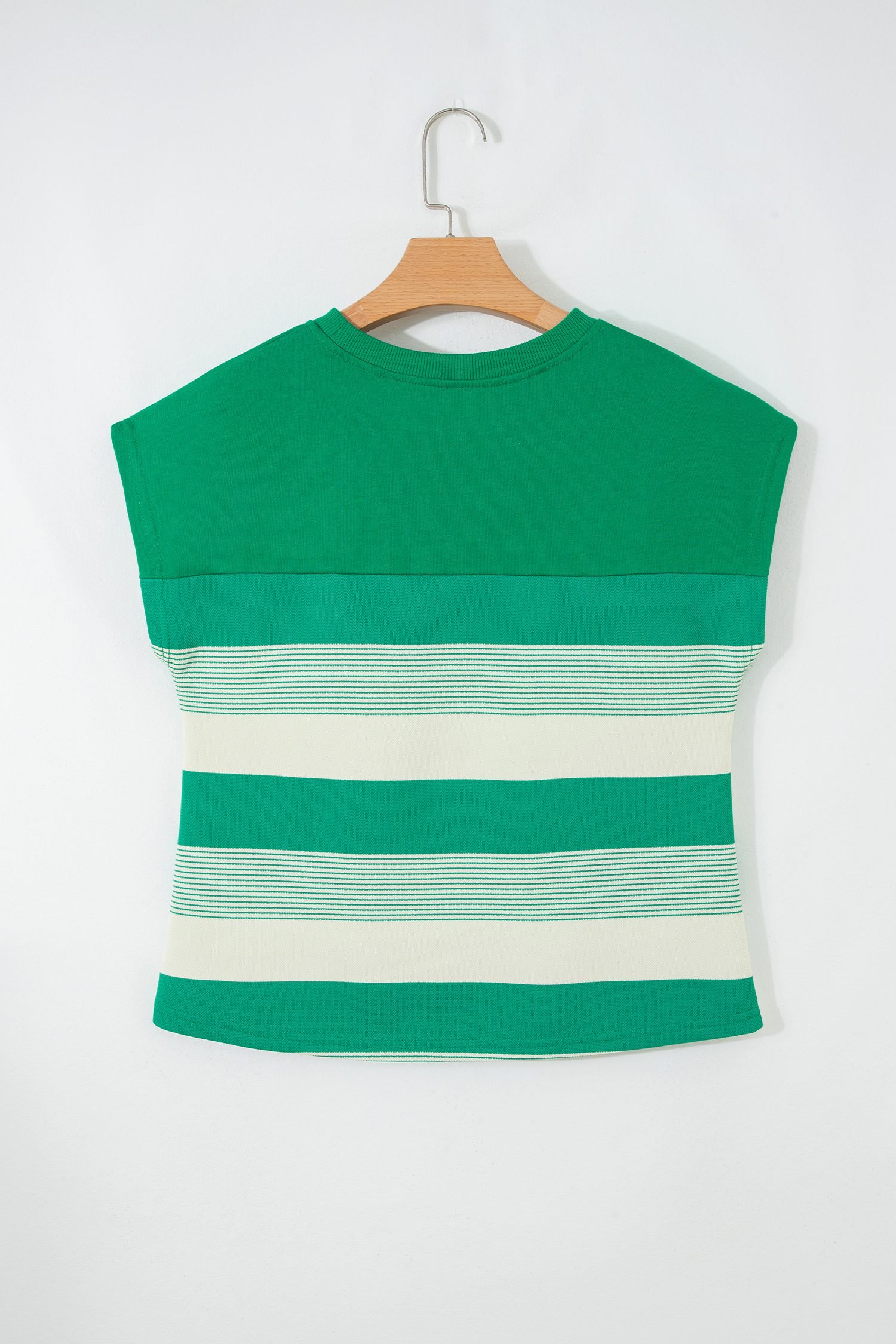 Green Stripe Mixed Print Crew Neck Cap Sleeve T Shirt