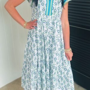 Sky Blue Cute Sunflower Printed Striped Patchwork Trim Flutter Sleeve Long Dress