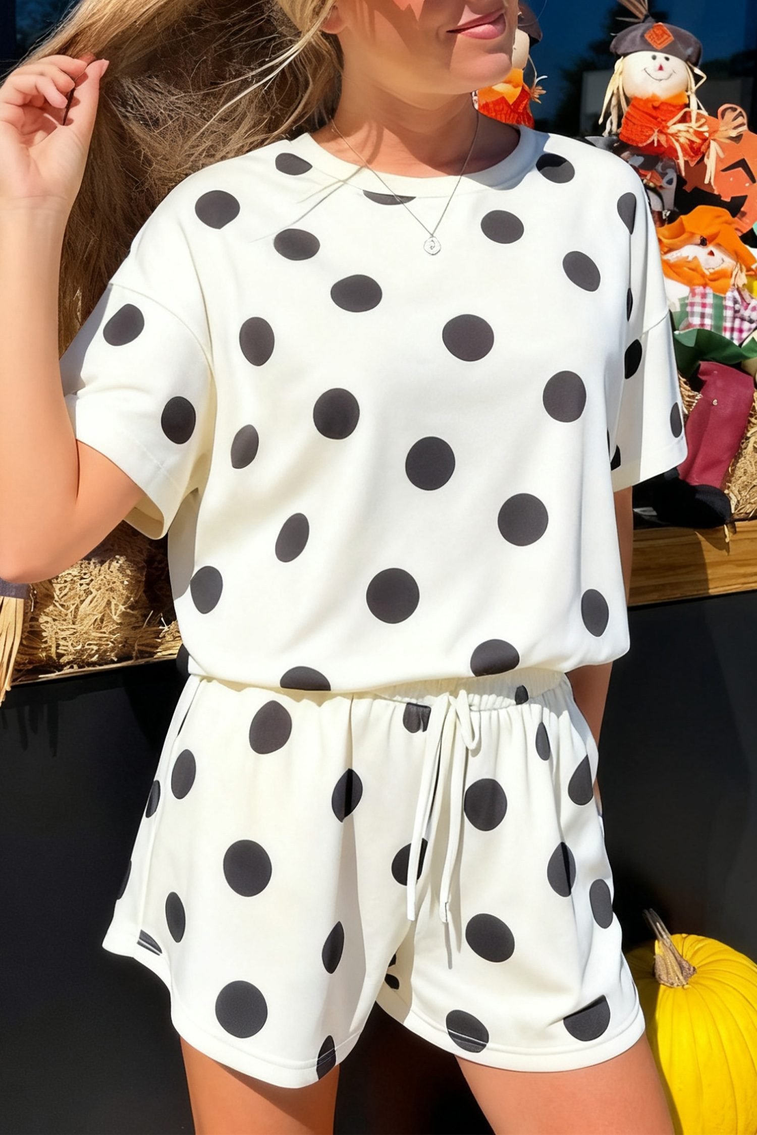 Black Polka Dot Print Loose Tee Drawstring Elastic Waist Short Set