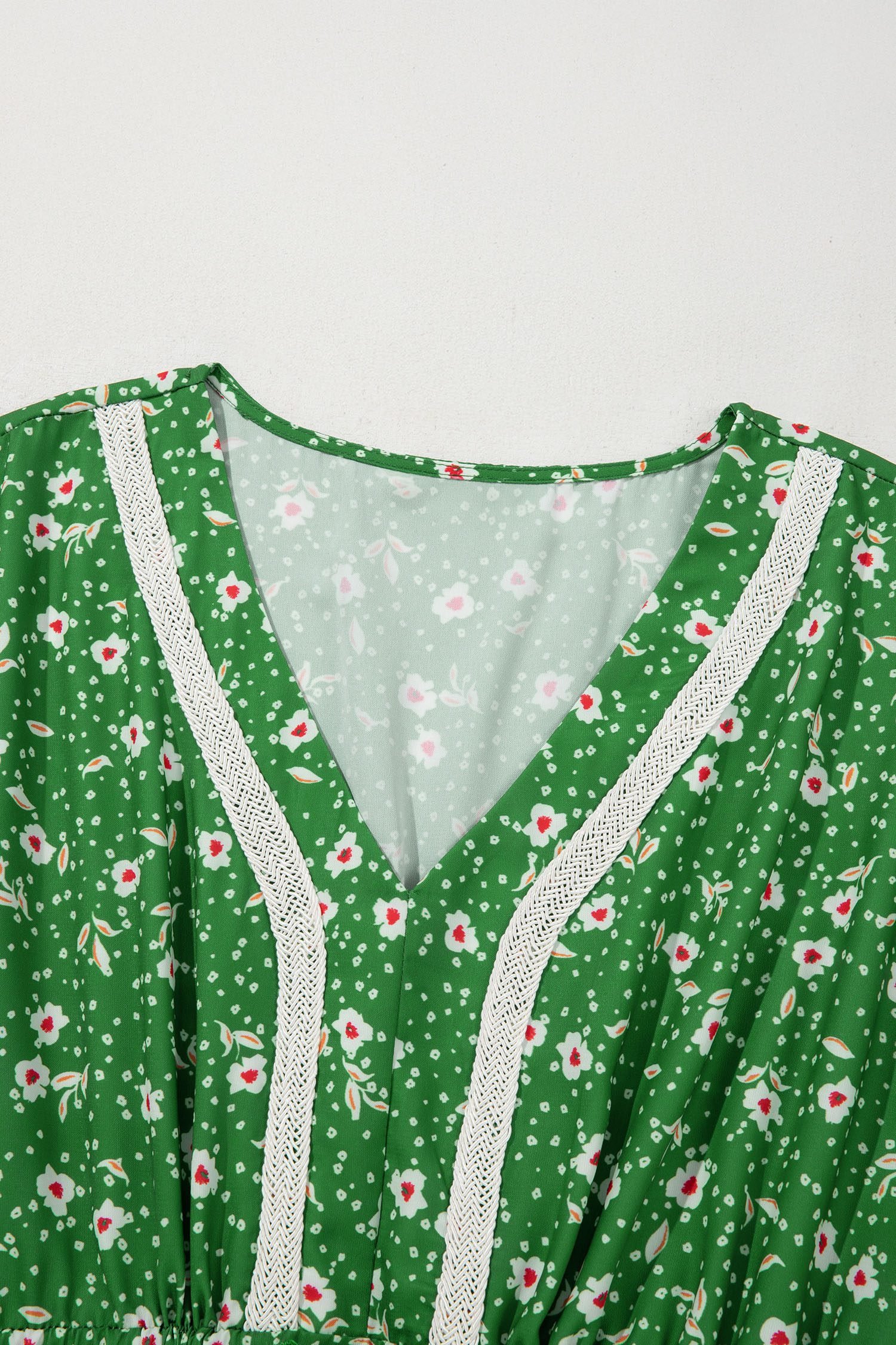 Green Abstract Print Embroidered Trim V Neck Drawstring High Waist Loose Vacation Dress