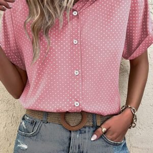 Pink Dotted Print Cuffed Short Sleeve Shirt