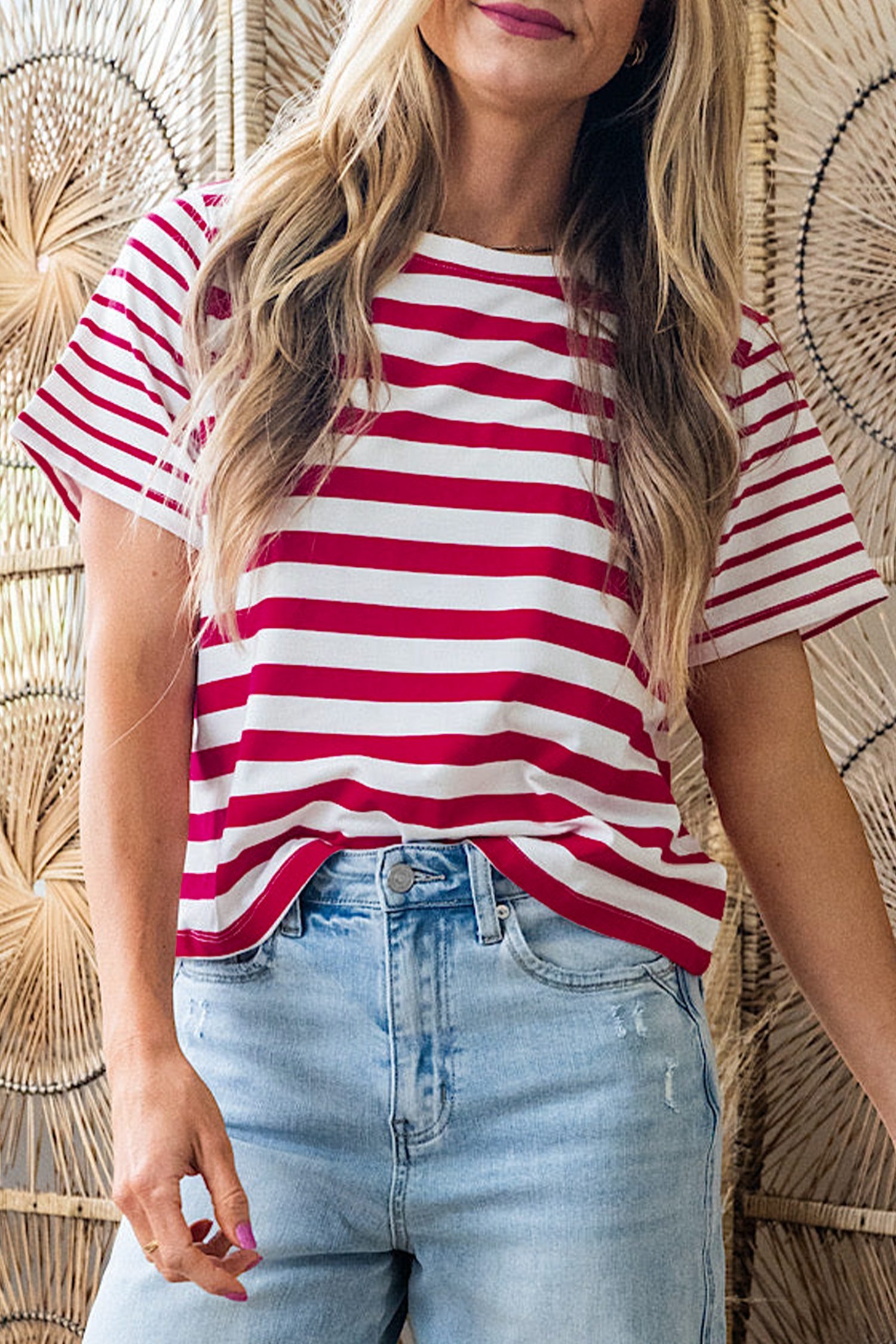 Red Stripe Patchwork Round Neck T Shirt