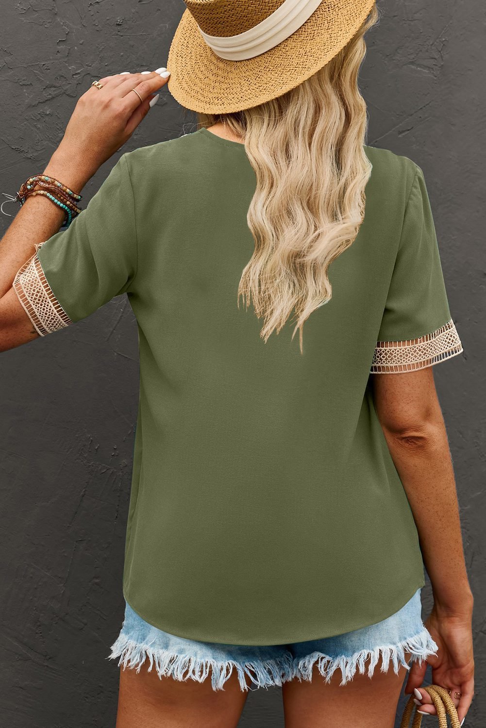 Green Lace Trim V Neck Short Sleeve Blouse