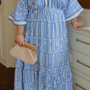 Sky Blue Plus Size Geometric Print Contrast Trim V Neck Bracelet Sleeve Long Dress