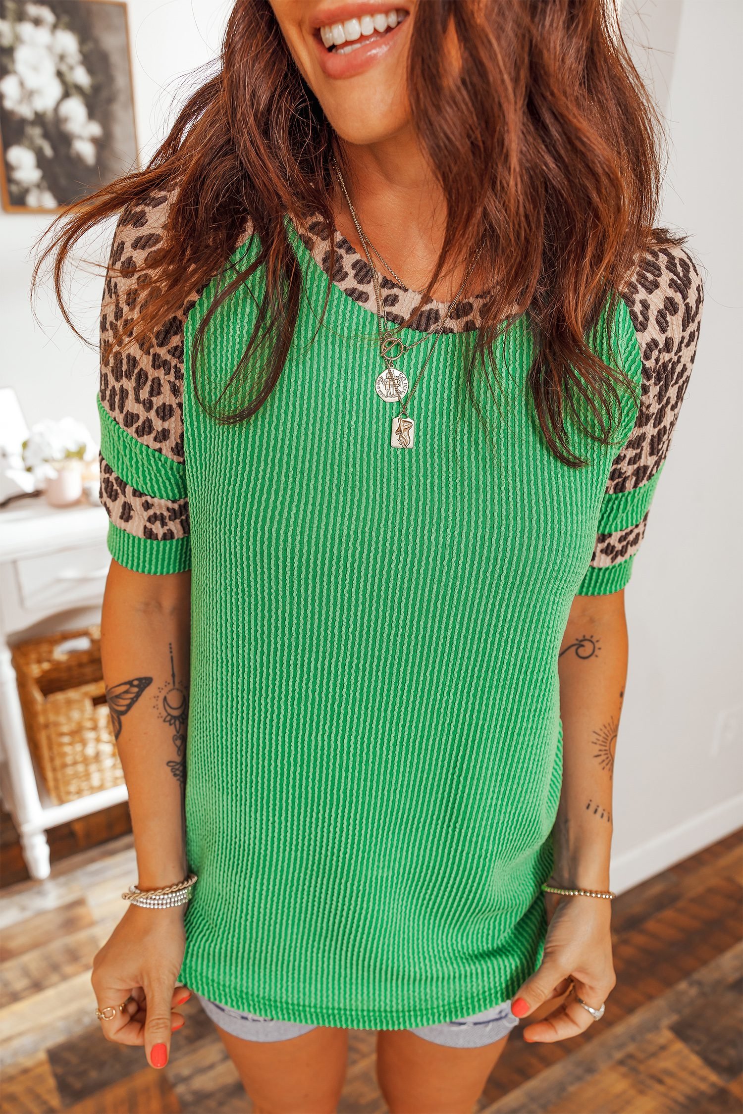 Green Corded Rib Leopard Color Block Patchwork Tunic Tee