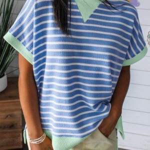 Sky Blue Stripe Contrast Trim Loose Short Sleeve Top