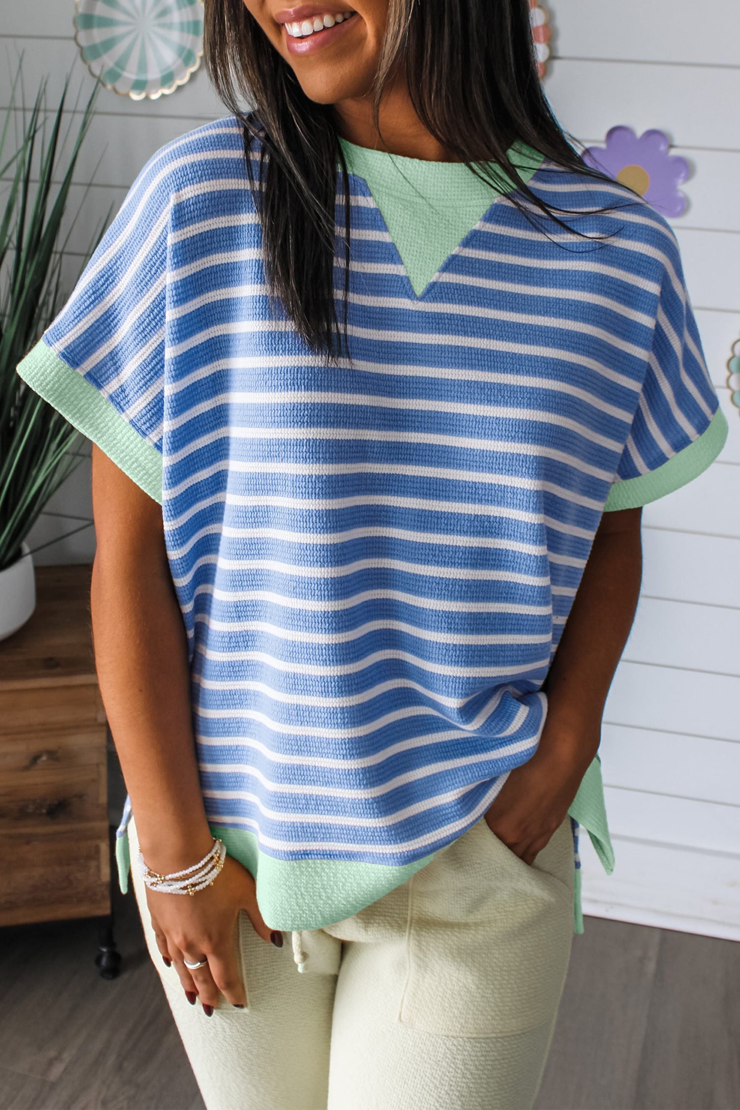 Sky Blue Stripe Contrast Trim Loose Short Sleeve Top