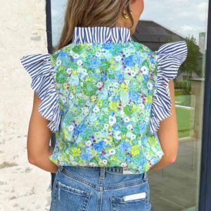 Green Floral Painting Print Striped Patchwork Flutter Sleeve V Neck Blouse