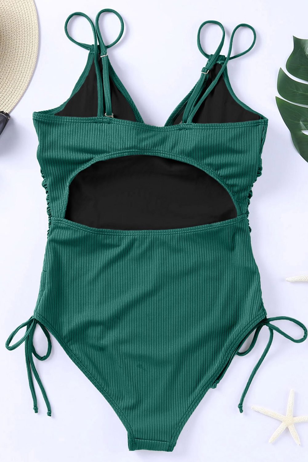 Green Adjustable Straps Ribbed Knit One Piece Swimsuit