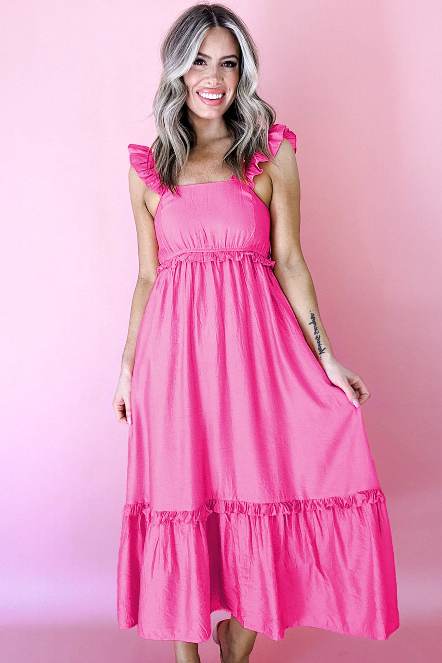 Bonbon Solid Color Ruffle Trim High Waist Sleeveless Maxi Dress