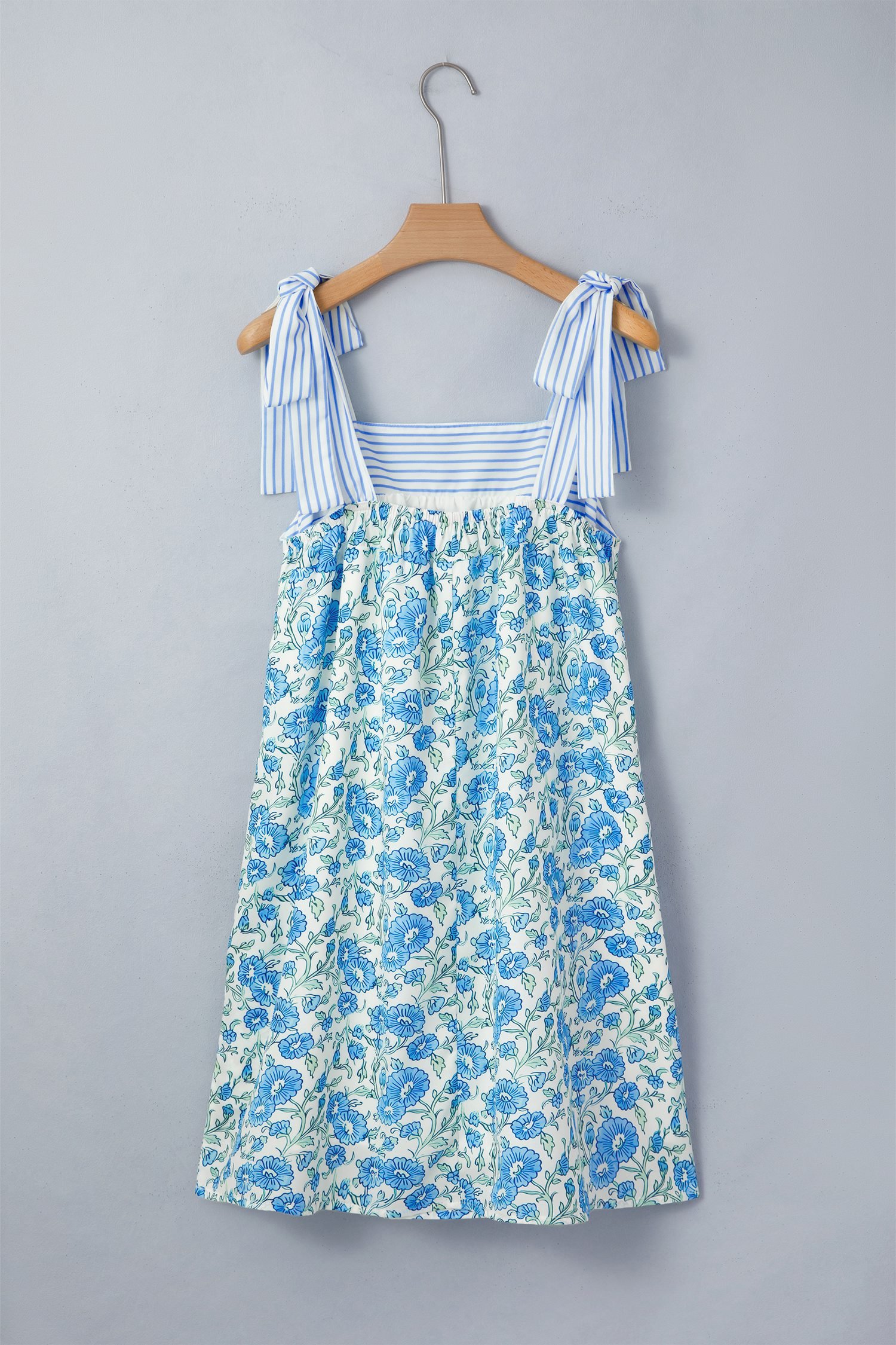 Sky Blue Floral Print Striped Patchwork Bow Knot Straps Mini Dress