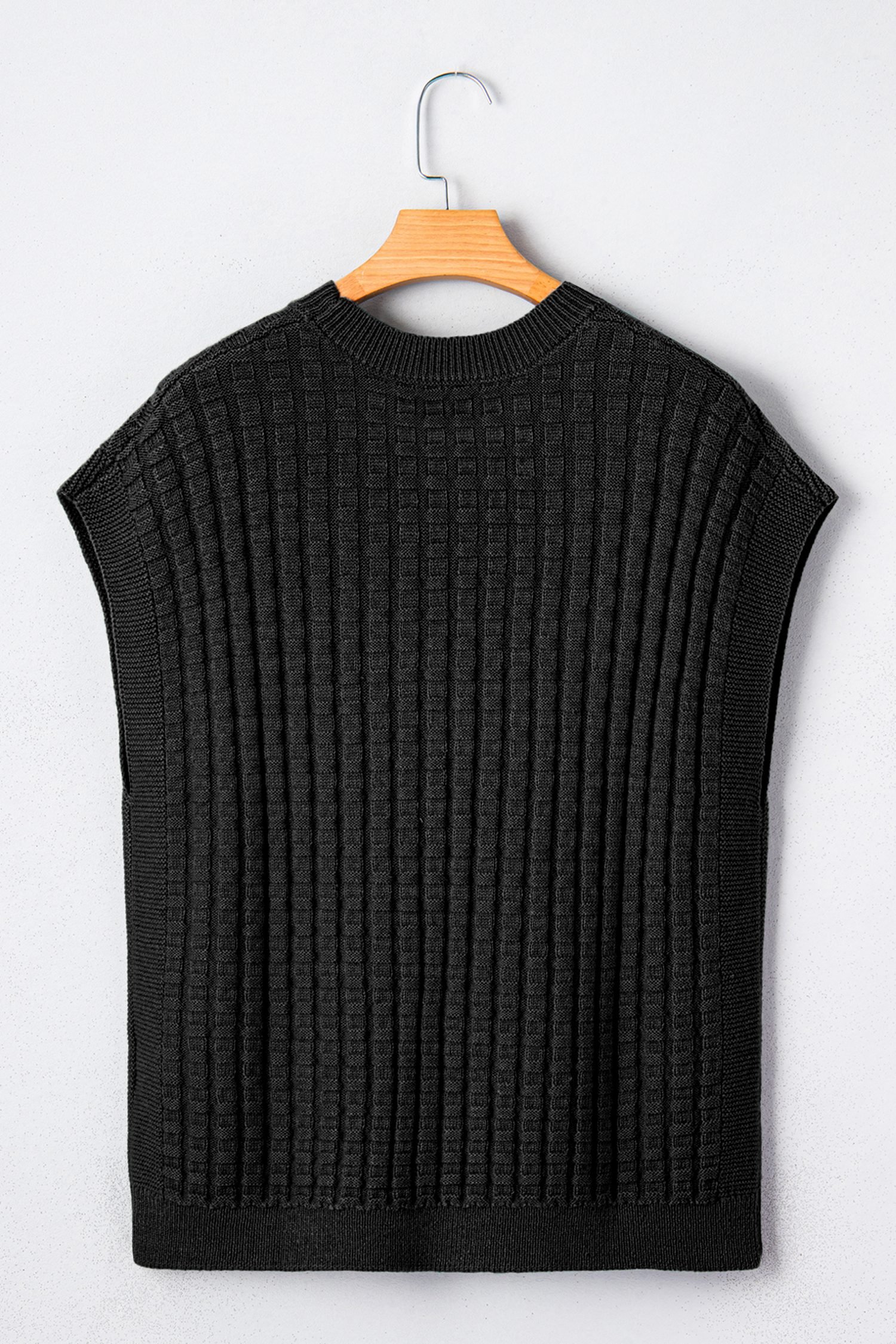 Black Solid Color Round Neck Textured Short Sleeve Sweater