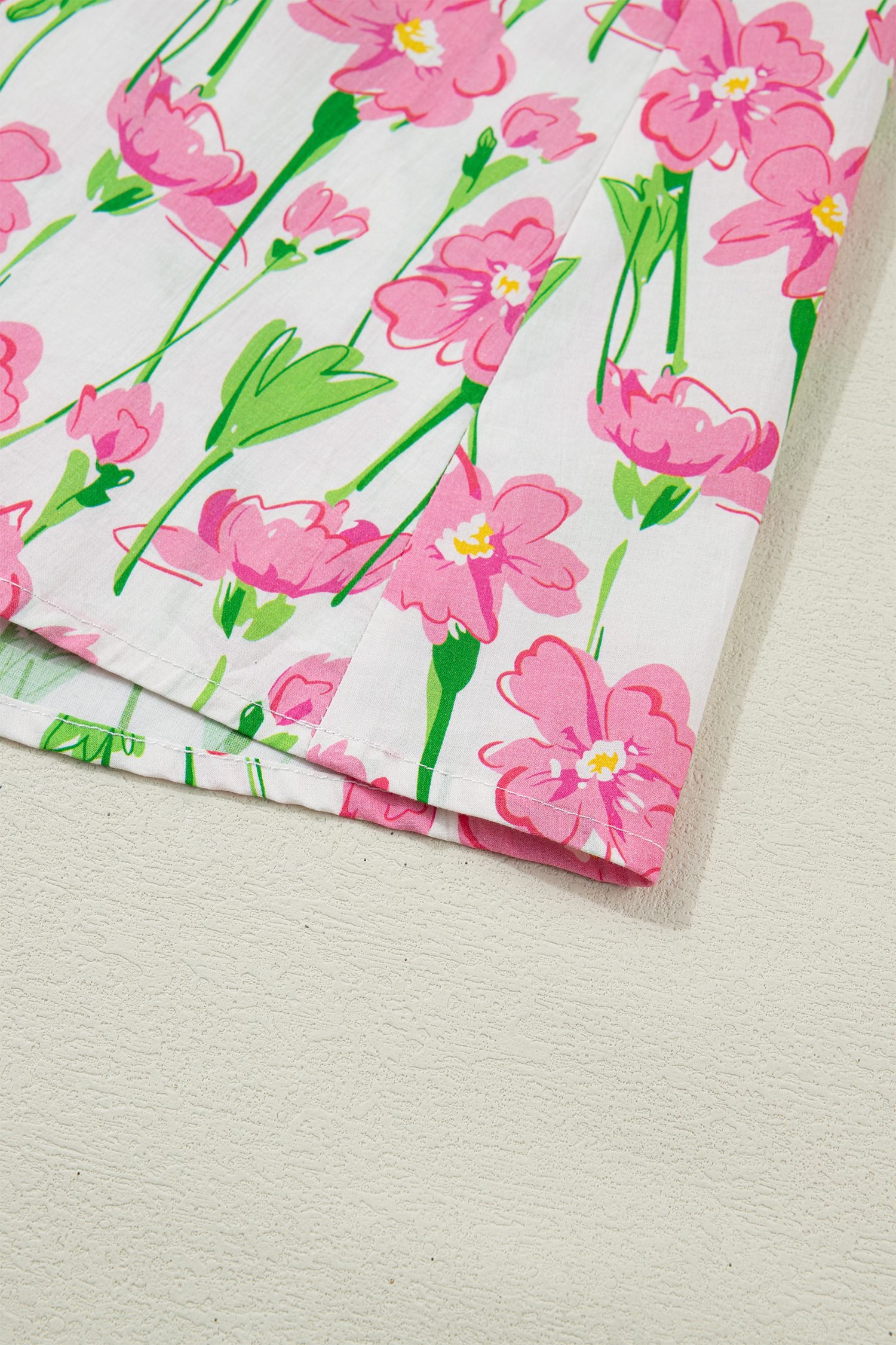 Pink Floral Print Contrast Trim V Neck Short Sleeve Elegant Midi Dress