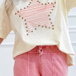 Beige Star Print Stud Detail Cotton Jersey Top