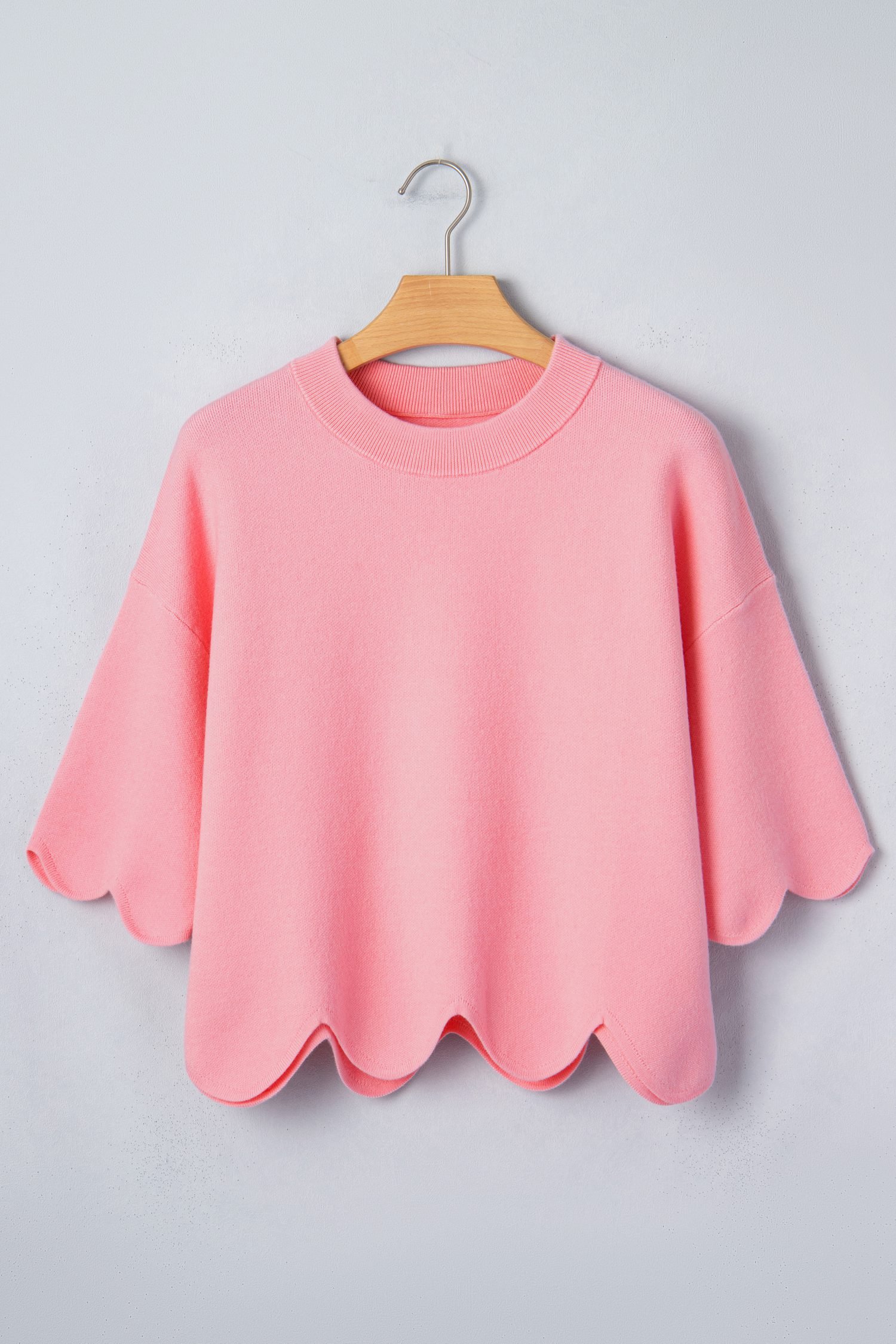 Pink Scalloped Hem 3/4 Sleeve Sweater Top