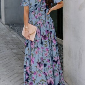 Sky Blue Fiery Floral Print Frilled V Neck Short Sleeve Maxi Dress
