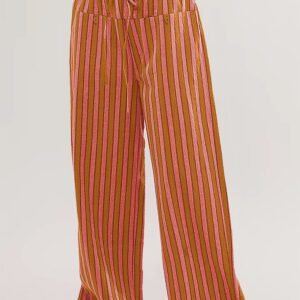 Red Stripe Button Pocket Tie Waist Casual Wide Leg Pants