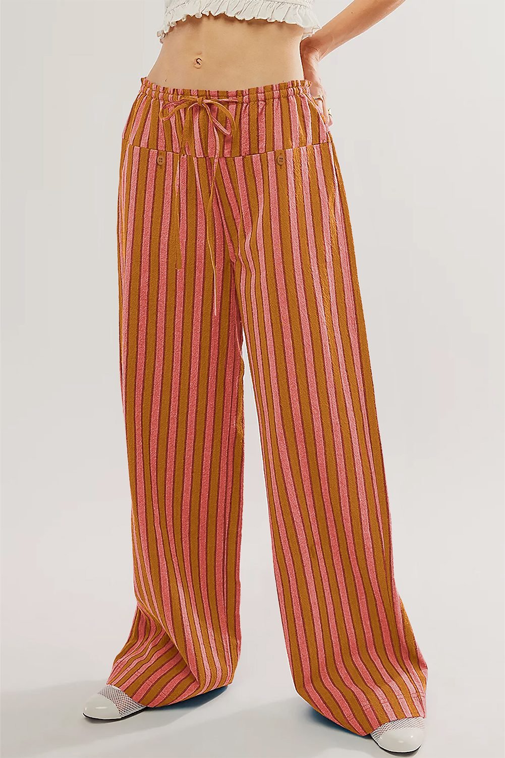 Red Stripe Button Pocket Tie Waist Casual Wide Leg Pants