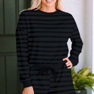 Gray Printed Stripe Long Sleeve Satin Tie Shorts Two Piece Set