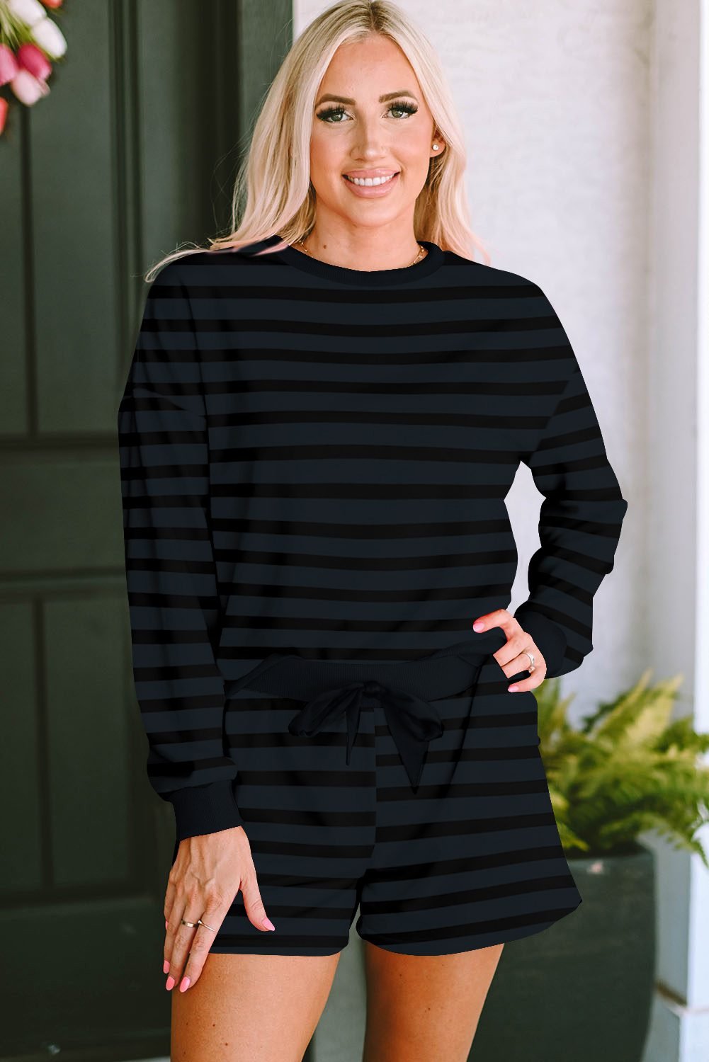 Gray Printed Stripe Long Sleeve Satin Tie Shorts Two Piece Set