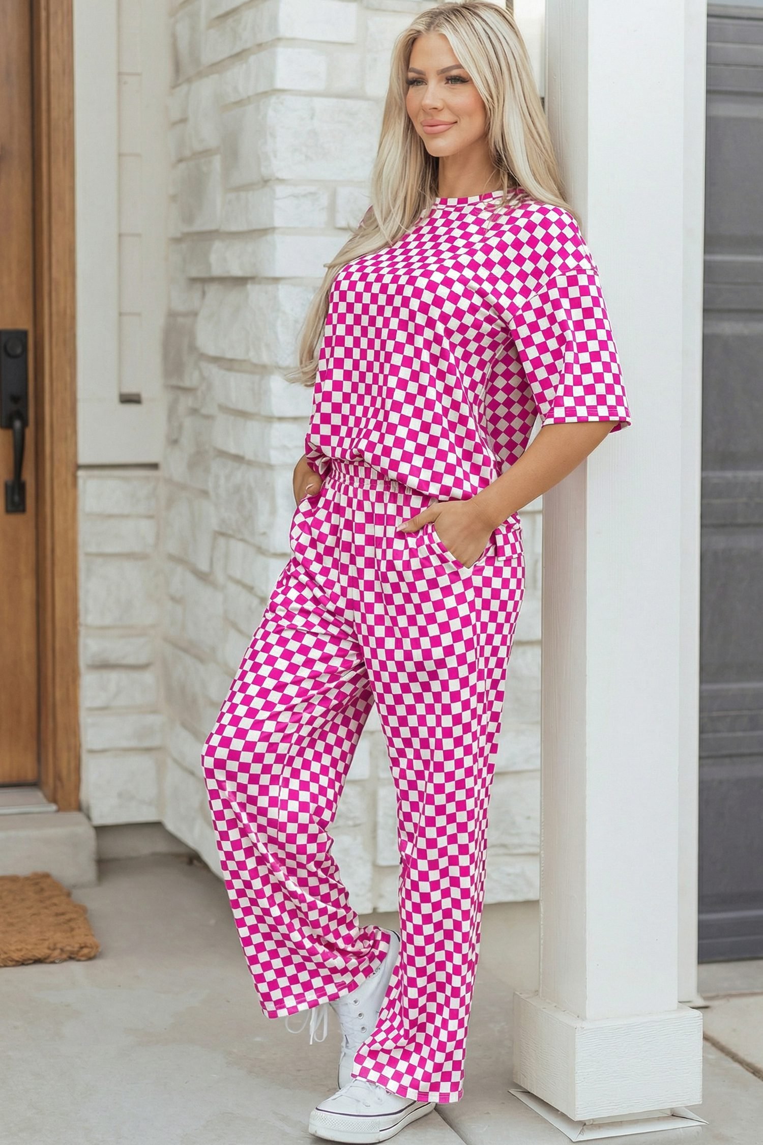 Rose Checkered Print Half Sleeve Tee 2pcs Lounge Pant Set