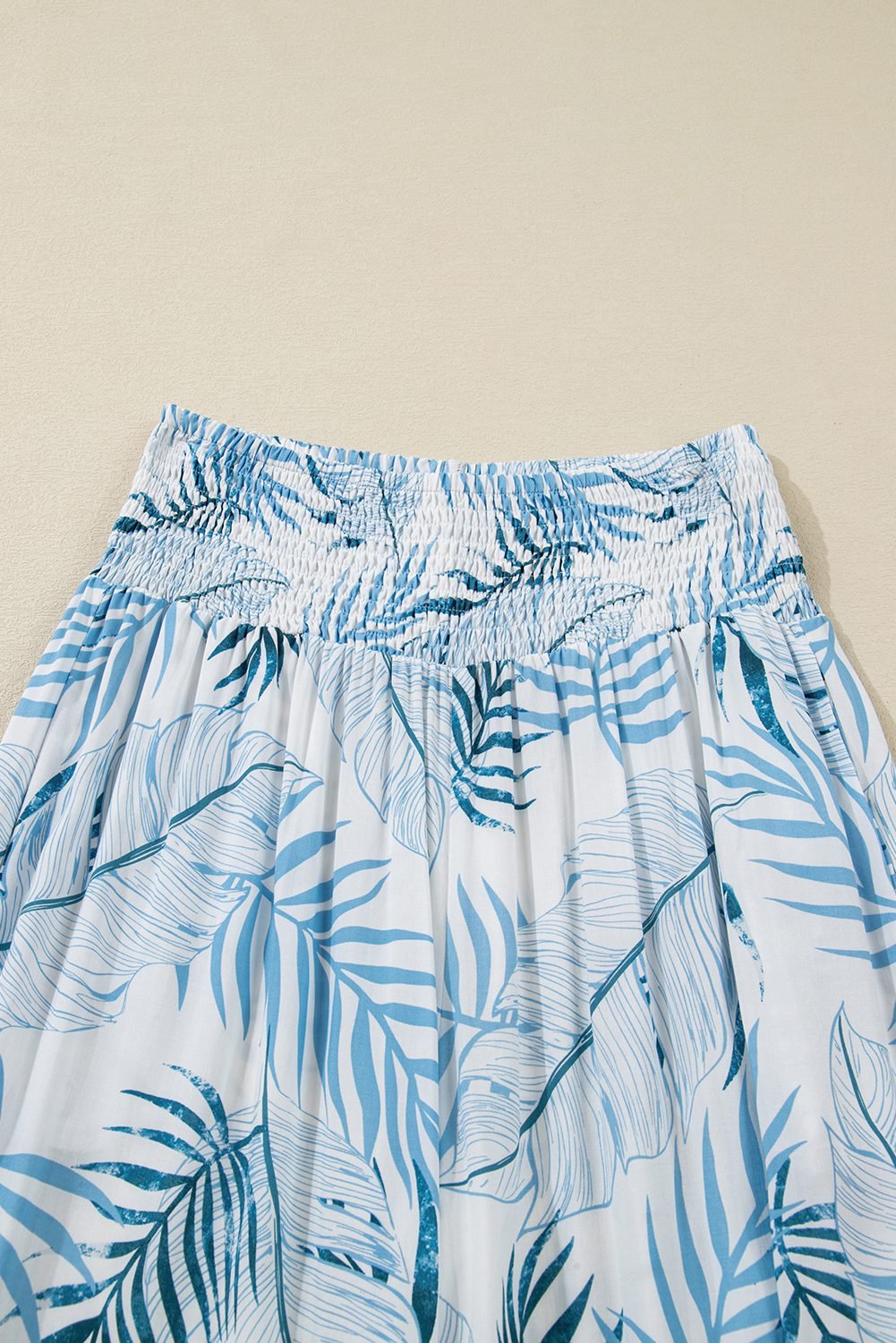 Sky Blue Geometric/ Floral/ Botanic Print Shirred Waistband Wide Leg Pants