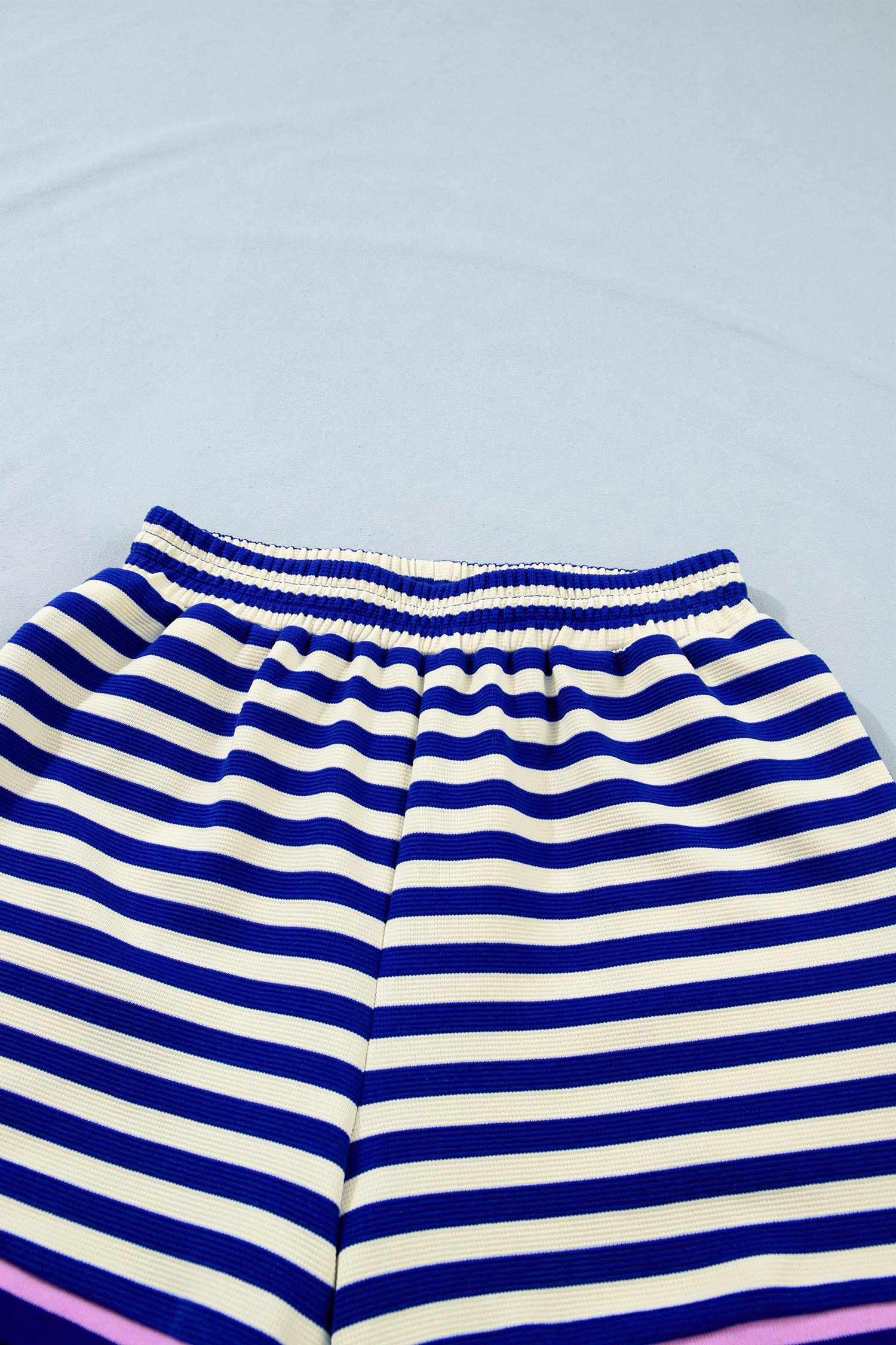 Blue Stripe Contrast Trim Cap Sleeve Top Casual Shorts 2pcs Set