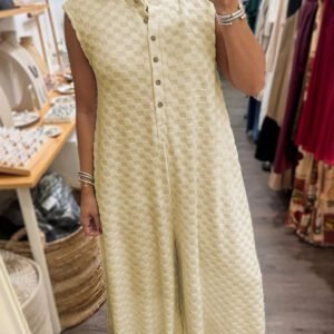 White Half Buttons Sleeveless Wide Leg Textured Jumpsuit