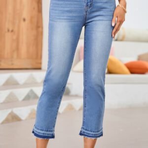Sky Blue Whiskered Wash Raw Hem Cropped Jeans