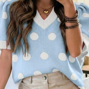 Light Blue Polka Dot Puff Short Sleeve Sweater Top